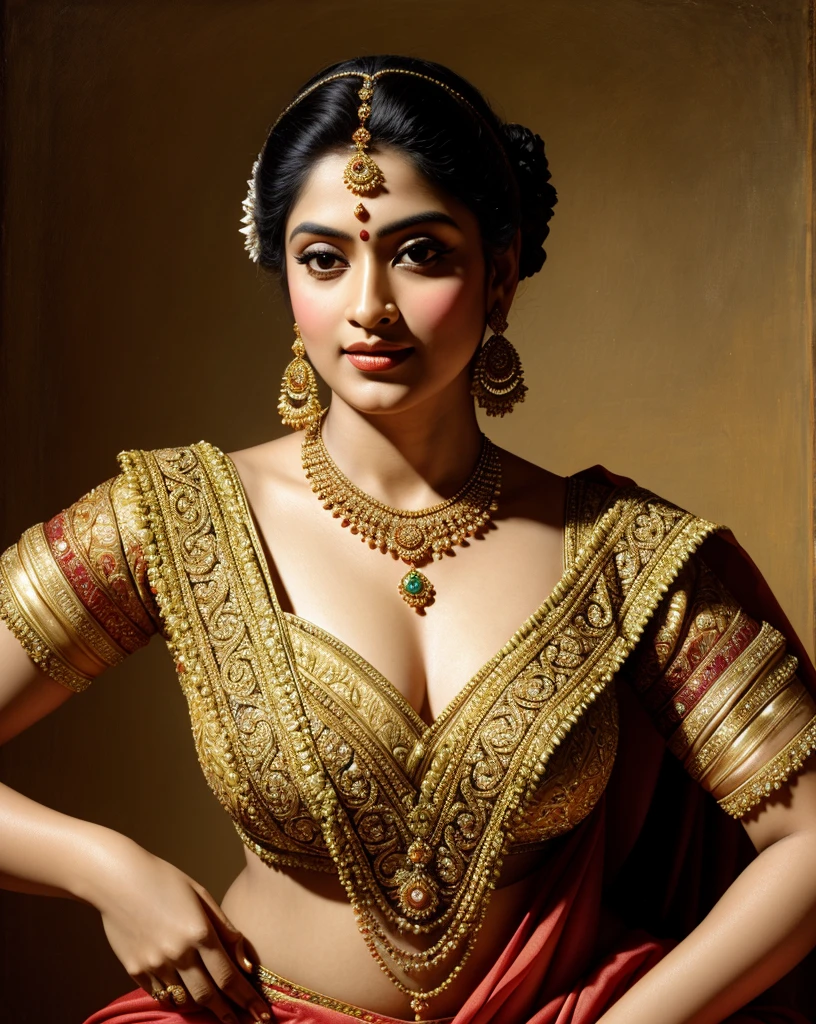 Beautiful Indian Woman, wearing saree, sari Beauty, gorgeous, Apsara, Maharani, royal queen woman, nymph from Hindu Mythology, Urvashi, matchless beauty, Highly detailed, Oil Painting by Peter Paul Rubens inspired by Raja Ravi Varma, Matchless beauty, captivating, gorgeous, heavenly beauty, celestial beauty, by Peter Paul Rubens, 13, realistic, hyper realistic, micro details, incredible artwork, insane details, ultra High resolution, 8k, 32k, acrylic on canvas, intricate, flawless, detailed, detailed face, detailed eyes, masterpiece, by Peter Paul Rubens, by Caravaggio, by William Adolphe bouguereau, perfect face, perfect body, beautiful art, realism, baroque, renaissance Art, highly textured, beautiful and detailed eyes, uhd, best quality,