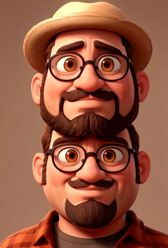 40-year-old man, brown hair and beard, round face, fat, black glasses, brown skin, oval head, light brown eyes, red clothes, with straw hat