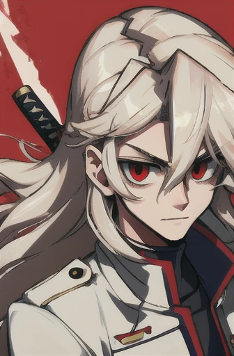 Teenage boy, with long, wavy white hair, wearing white military clothes, Eyes red, holding a burning katana, with a serene face.