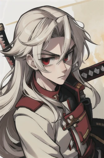 Teenage boy, with long, wavy white hair, wearing white military clothes, Eyes red, holding a burning katana, with a serene face.