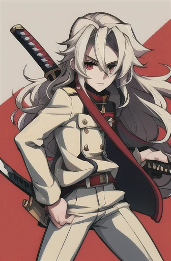 Teenage boy, with long, wavy white hair, wearing white military clothes, Eyes red, holding a burning katana, with a serene face.