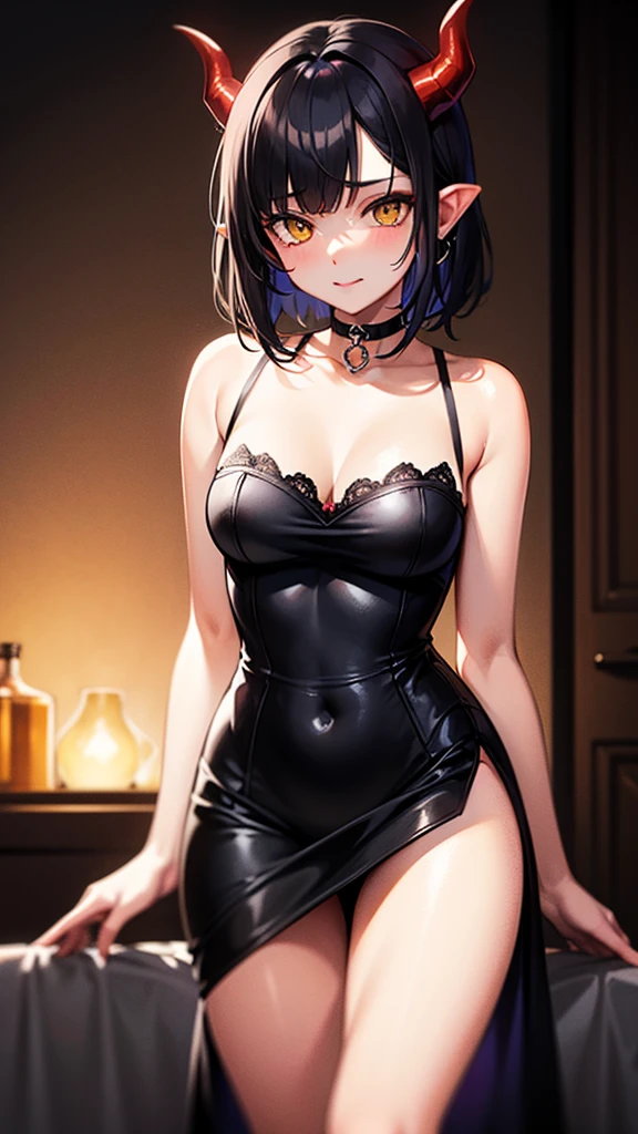 (cowboy shot), (masterpiece, best_quality, detailed, immaculate:1.3), epic, illustration,Anime Style
BREAK
ArtemisYJ,short hair,purple Hair,makeup
extremely detailed clothing fabric(Black short dress) spaghetti string,extremely detailed dress ,small breast,earrings ,
BREAK
(Night, Bar, indoors,)