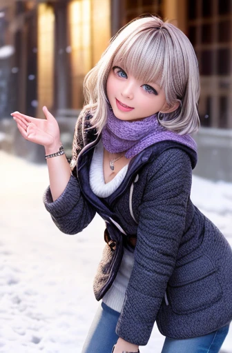 (masterpiece, Highest quality:1.2), (High resolution, 8k RAW photos, Photorealistic, Clear focus, Weak outline:1.3), (Natural light, Fabric Shading), throw, ((alone:1.5)), 1 mature woman, 24-years-old, (Mature Woman:1.5), ((NFSW:1.5, Fuju Chest:1.3, Saggy breasts, big , Cleavage, Sexually harass)), ((Bright beautiful eyes:1.3, Detailed pupil)), (Beautiful girl in winter clothes throwing a small snowball), Pitching Pose, Raise your left hand, (Winter clothing, Duffle coat:1.2, Knitted scarf around the neck, Long boots), snowball fight, Flying little snowballs, In the snow, (Looking at the audience, With a smile, Half-closed eyes), Raised to be sexy, (small open mouth:1.3), Silver hair with light purple mesh, Medium Short Hair, Hair on one eye, Asymmetrical Hair, Half Up Hair, Side Lock, blue eyes, (Luxurious accessories, necklace, Earrings, bracelet), Bokeh, Dynamic Angle, Leaning forward:1.2, Close-up face:1.5, whole body, From below:1.2, (Correct Anatomy:1.6, Ideal body proportions, The right move:1.5, Small hands),