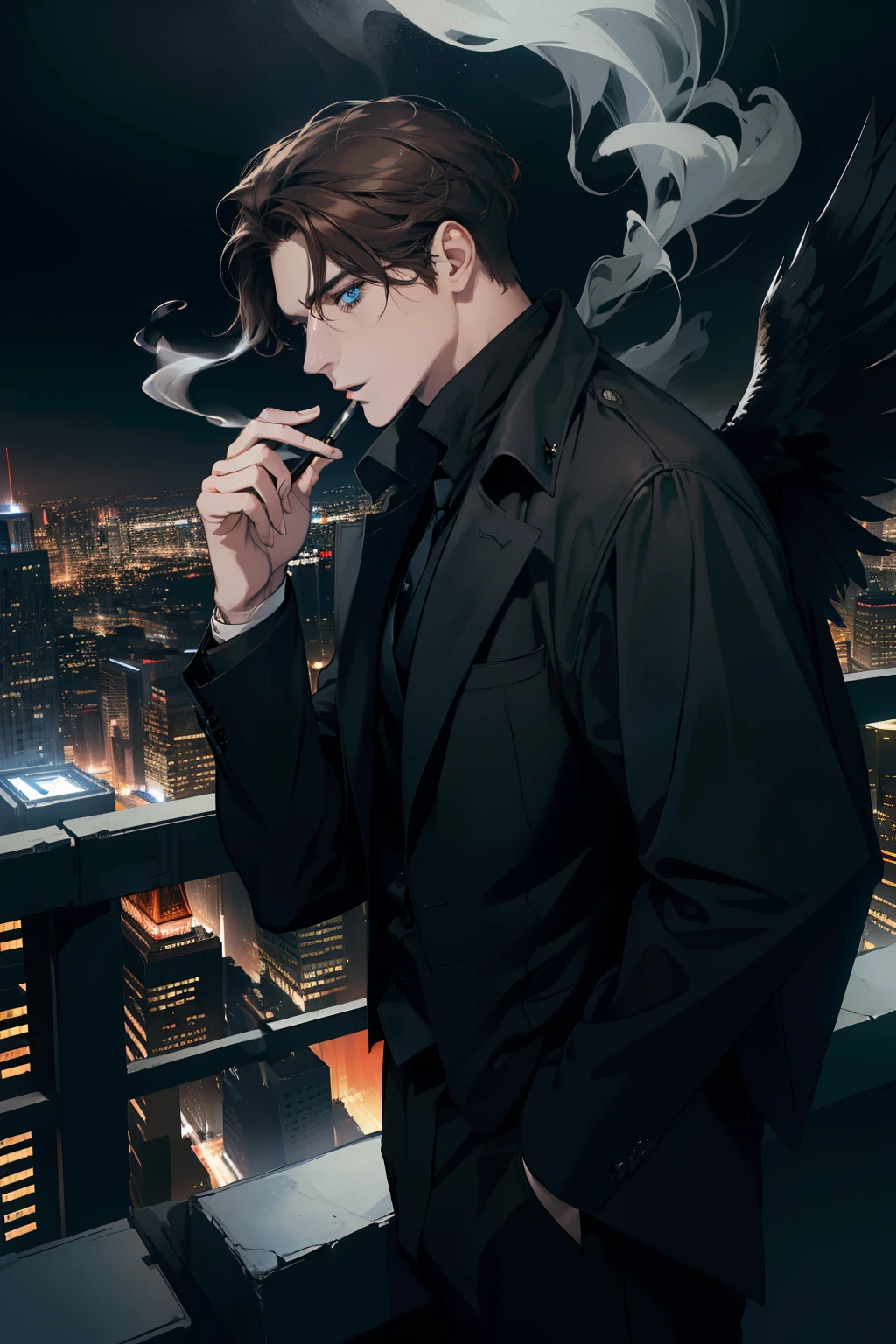 (absurderes, high resolution, ultra detaild)work of art, best qualityer, 1 men,, Dynamic light and shadow. Brown hair. blue eyes. Dark photo. black wings. Smoke. Night city. Cigarrette