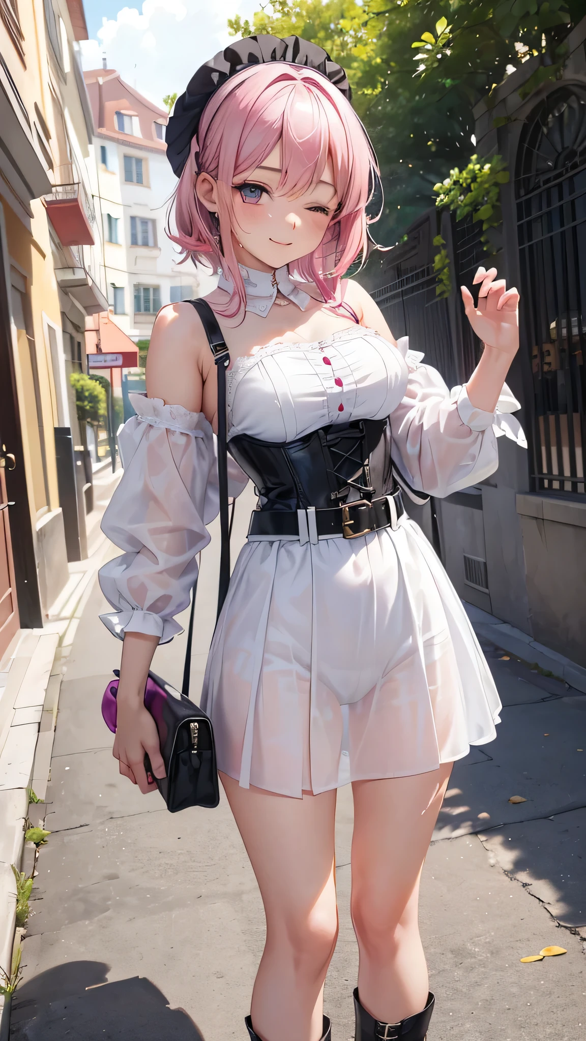 Entire image with intricate professional level details: "(A  girl with vibrant pink hair, open legs, dressed in a low-cut unbuttoned white shirt, open shirt, with a corset and and a belt, Short black plaid denim miniskirt and thigh-high stockings, white-transparent thong, Brown boots. The woman has her eyes closed and an expression of gratitude and happiness on her face, very short and thin clothes, he likes to show his body, empowered girl, She likes to show her beautiful sexualized body because she is very beautiful, (Sometimes she likes to go out almost or completely naked on the street.), random angle.)"