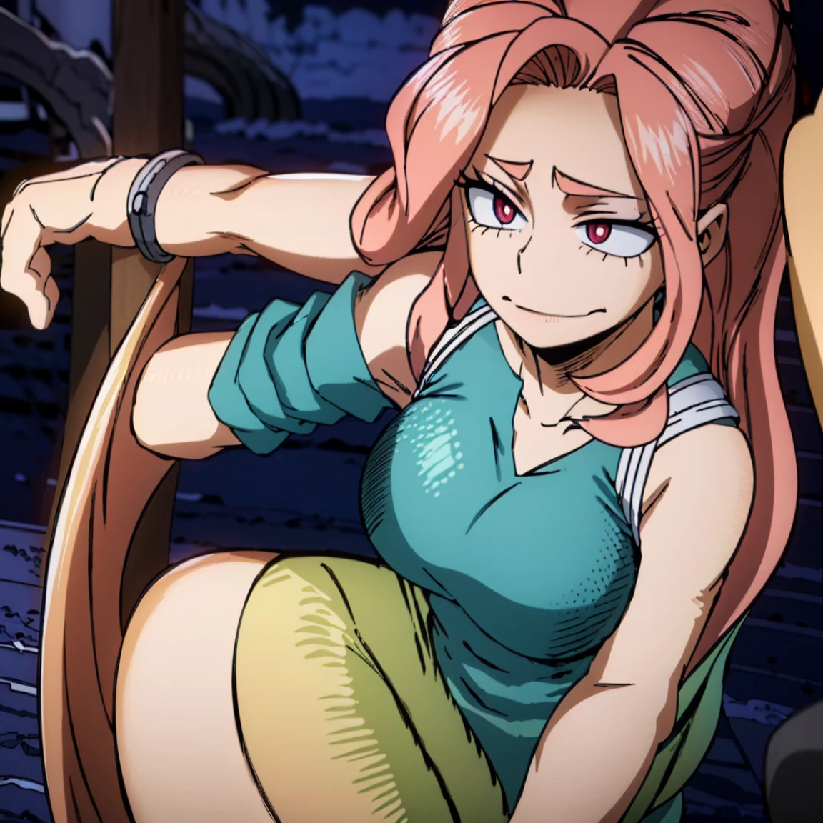 1girl, the siren, mermaid, female focus, boku no hero academia, masterpiece, best quality, very aesthetic, big breasts, long wavy hair, orange/golden hair, magenta eyes, smirk, golden mermaid tail, gills, scale, beautiful, sunset sea