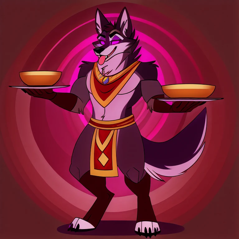 (masterpiece, best quality:1.2), Vortex hellhound, wolf, furry, helluva boss, hypnotized with glowing purple eyes, tongue out, tribal clothes, yellow_tabard, tribal clothes,  carrying a tray with golden cups full body image