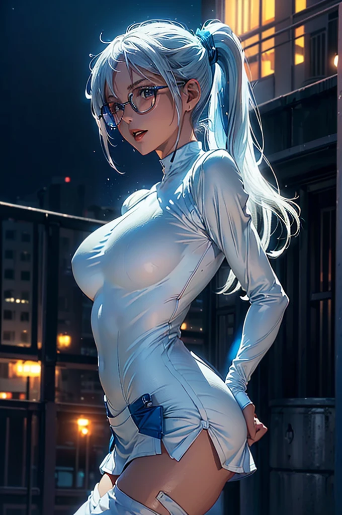 Women,25 years, (((tight bodysuit with white and blue miniskirt))),city,evening,(((tight bodysuit with white and blue miniskirt))),,open mouth smile(())(glasses),((Beautiful long ponytail)), (((tight bodysuit with white and blue miniskirt))) (()),blush、Surprise face,((())),((turn around and look back))wet with sweat
