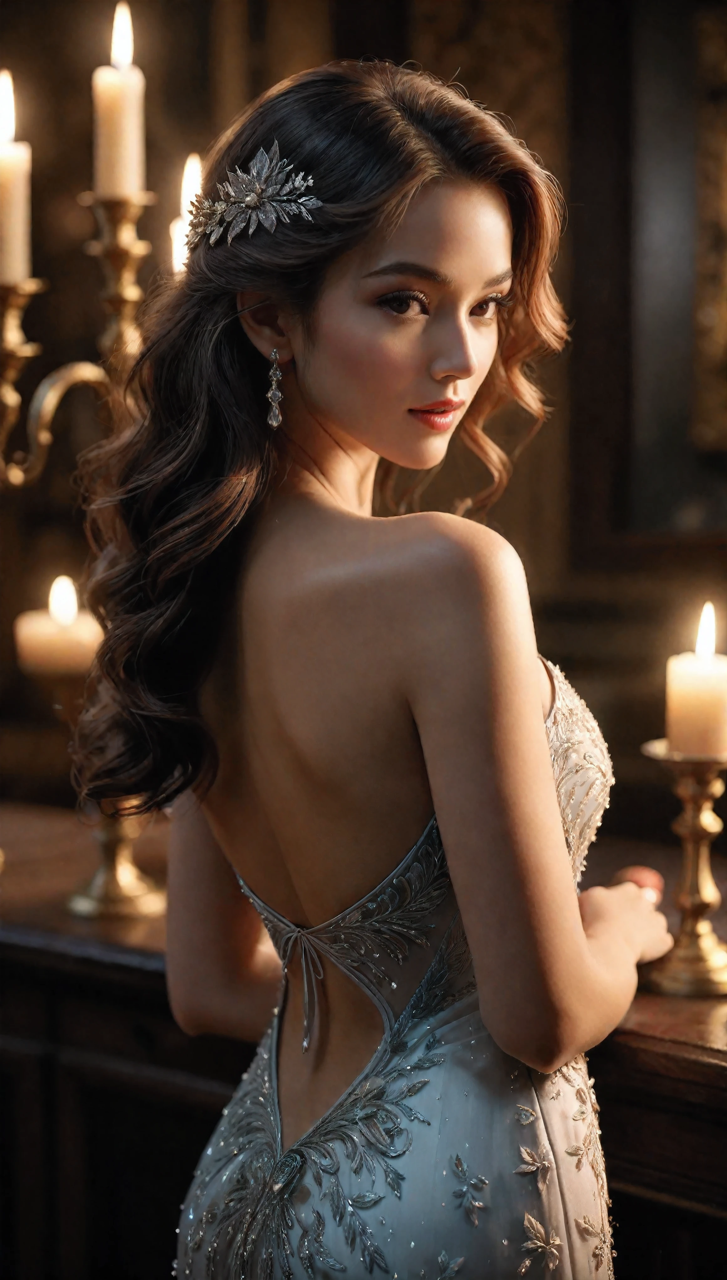 ((Masterpiece in maximum 16K resolution):1.6),((soft_color_photograpy:)1.5), ((Ultra-Detailed):1.4),((Movie-like still images and dynamic angles):1.3). | (cinematic photo of Supermodel beauty with a Evening Dress), (Supermodel Beauty), (focus on the Evening Dress), (cinematic lens), (exotic antiques), (Dark Candles), (luminous object), (Mysterious atmosphere), (shimmer), (aesthetic Oracle accesories), (visual experience),(Realism), (Realistic),award-winning graphics, dark shot, film grain, extremely detailed, Digital Art, rtx, Unreal Engine, scene concept anti glare effect, All captured with sharp focus. | Rendered in ultra-high definition with UHD and retina quality, this masterpiece ensures anatomical correctness and textured skin with super detail. With a focus on high quality and accuracy, this award-winning portrayal captures every nuance in stunning 16k resolution, immersing viewers in its lifelike depiction. | ((perfect_composition, perfect_design, perfect_layout, perfect_detail, ultra_detailed)), ((enhance_all, fix_everything)), More Detail, Enhance.