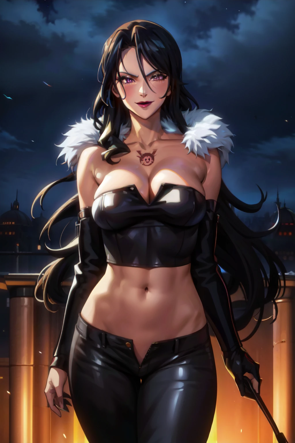 1girl, solo, lust \(fma\), licking lips,  large breasts, evil smile, smile, blush, lipstick, fur trim, mature female, gloves, fur-trimmed coat, outdoors, rooftop, cityscape, building, railing, night, night sky, scenery, city lights, lipstick, masterpiece, best quality, highly detailed, a girls with a gun, evil smile , open mouth, sexy gaze, badass
pose , evil smile, smile, , guns blazing, anime girl with long hair, beautiful long
haired girl, navel, evil expression, exposed belly, exposed navel, exposed midriff, exposed lower belly,
long black pants, crop top, cleavage, unbuttoned leather pants ,open fly, low rise black leather pants,
leather jacket, holding a gun,navel piercing