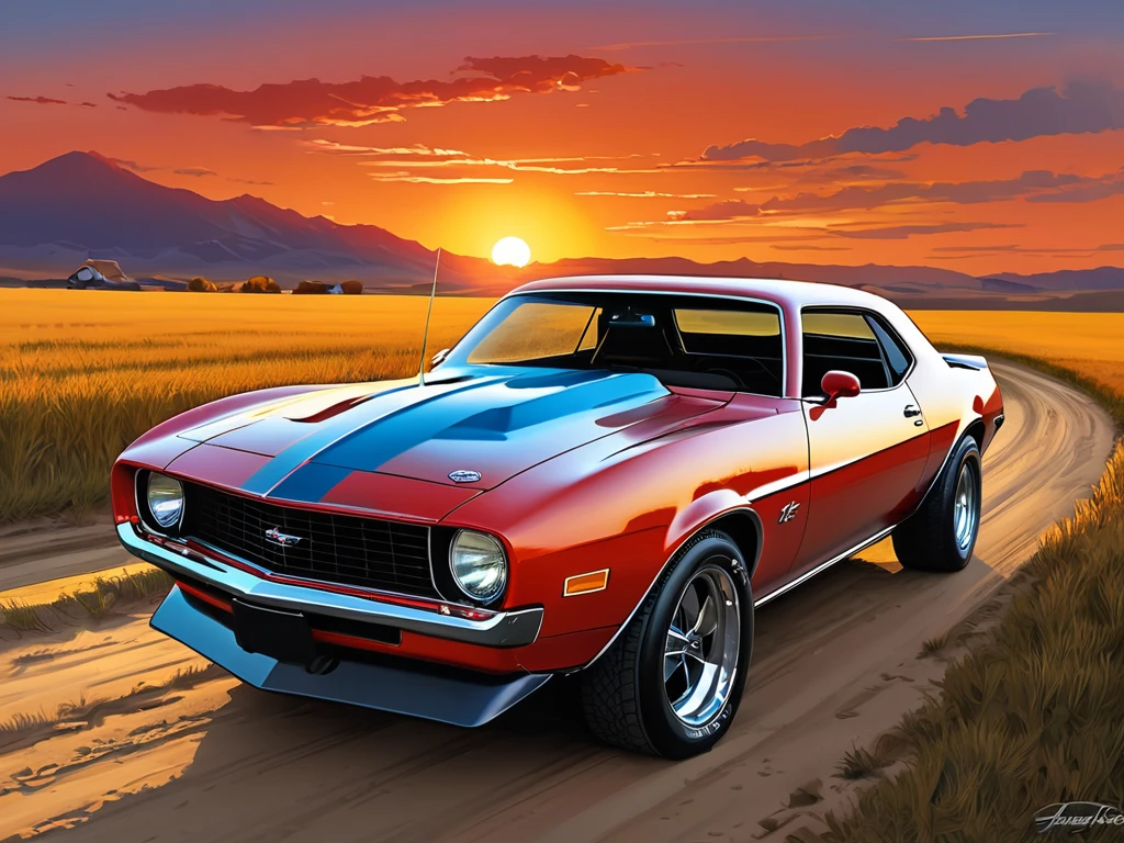 stylized digital art featuring a vintage red Ford T parked by a dusty dirt road through a field during sunset. The sky is a warm orange, Yellow and red, with the sun setting on the horizon. （Draw a car from behind）,（The body color is shiny blue.）,Blue Chevrolet Camaro.1973 model.The fields are covered with tall grass swaying in the wind.（Paved road）（The size of the car is half of the total）The grass is painted in shades of green and brown., There are some bright spots, This may have been an artistic choice to emphasize the intensity of the scene.. The overall art style is reminiscent of 漫画art, Bold lines and a limited color palette enhance the dramatic effect of the scene... art：Dechko Uzunov, 非常に詳細なベクターart, レッド・デッド・リデンプションのartスタイル, at sunset, 漫画art, Digital Ford T, Then Martin, Evan Charlton, sunset!, Eddie Mendoza, sunset illustration sun, 特集art, Digital colorful illustration, (masterpiece), Highest quality