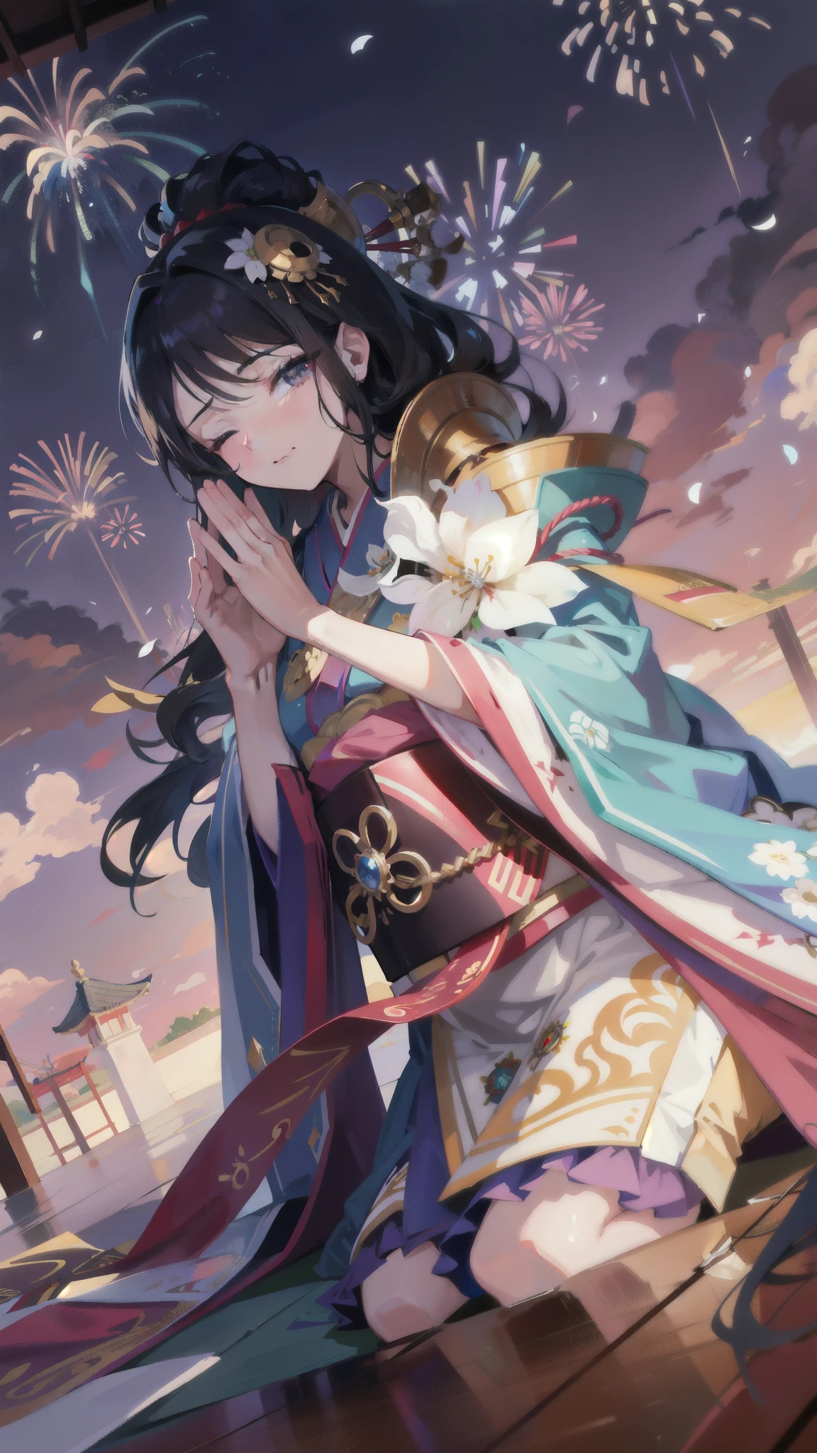 2D anime cartoon character, Guinevere Mobile Legends hero, royal princess, kimono, Japanese house in the background, religious day celebration theme, white flowers, lit fireworks background, praying solemnly pose, sitting with legs folded, hands like begging God, eyes closed, flat smile, head bowed with respect, best quality, 4k, 8k, highres, masterpiece:1.2, ultra-detailed, realistic:1.37, HDR, UHD, studio lighting, ultra-fine painting, sharp focus, physically-based rendering, extreme detail description, professional, vivid colors, bokeh, portraits, anime