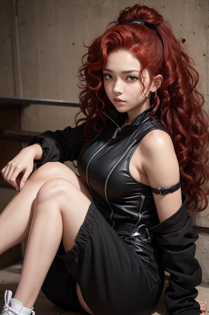 A female anime character with red curly hair, wearing a black jumpsuit, in the style of One Piece. She has brown skin and brown eyes, with a sexy and confident appearance, the character is , without a jacket and very sexy with blades as if they were air in her hands they are made of emotions and very curly and voluminous hair and very red like blood she has slightly pink cheeks