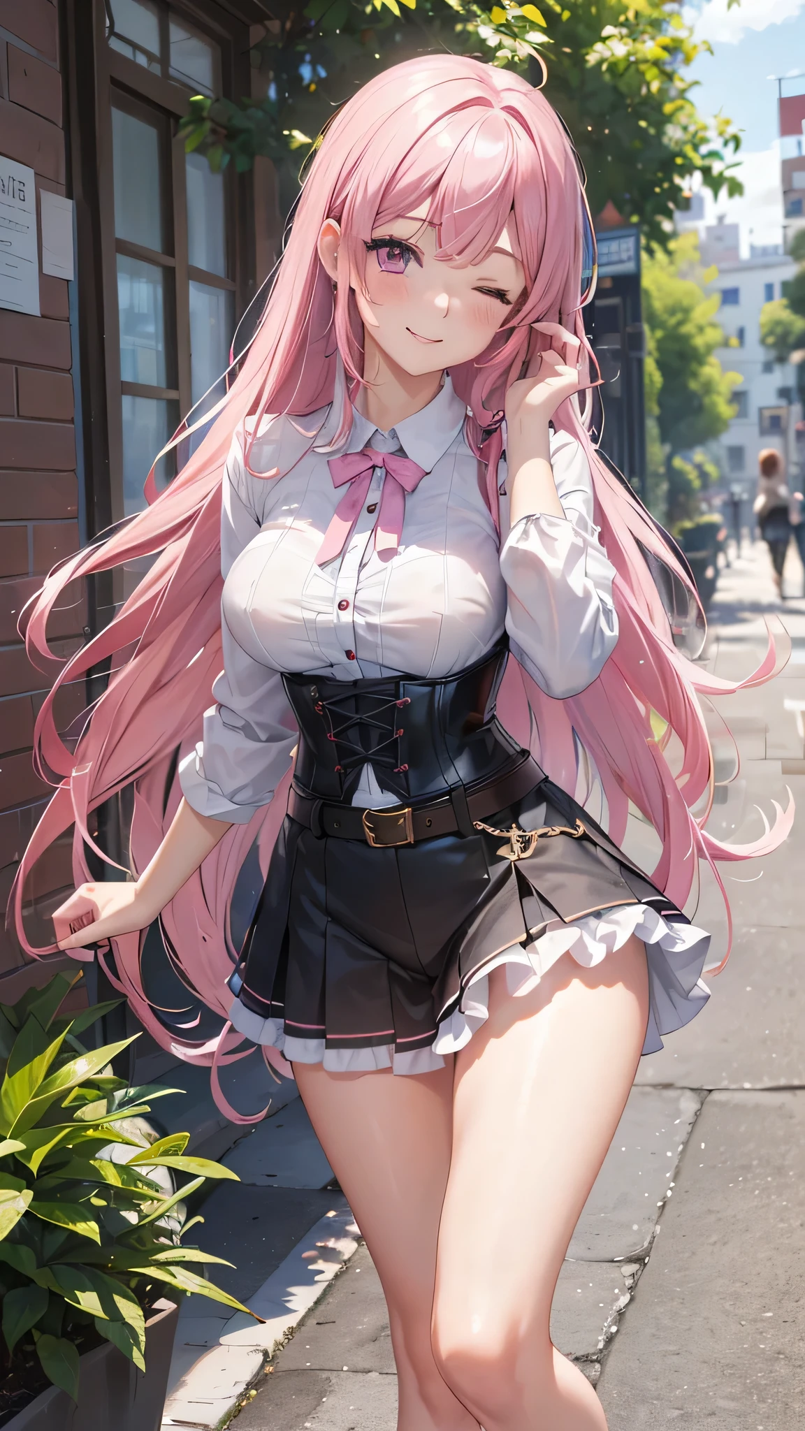 A western girl with vibrant pink hair, parecida a "maria la del barrio" vestida con un abrigo oscuro y una camisa blanca, with a corset and several belts, pantalones cortos negros y medias hasta el muslo, y botas marrones. The girl has her eyes closed and an expression of gratitude and happiness on her face, se alcanzan a ver sus rasgos femeninos pronunciados casi como si estuviera desnuda.