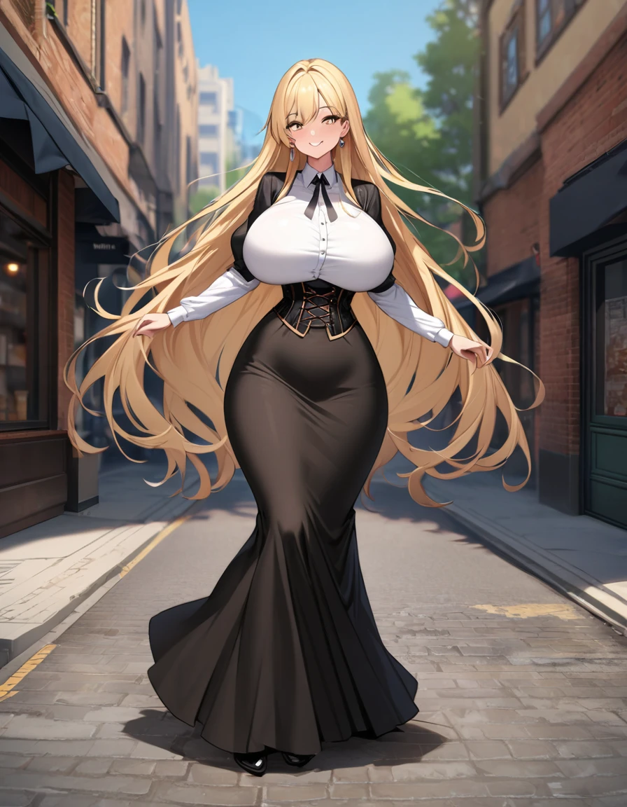 blonde hair color,long hair,hime cut,light brown eyes,corset, black long skirt,earrings,huge breasts,Whipped thighs,slender,near,street background,SFW,perfect,high quality,faultless,smile