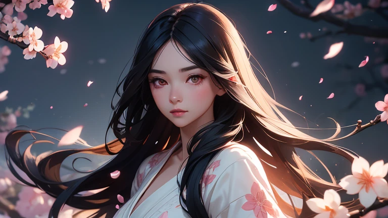 a beautiful young woman with flowing black hair, looking directly at the viewer, surrounded by cherry blossom petals floating through the air, cinematic lighting, intricate details, highly detailed, photorealistic, masterpiece