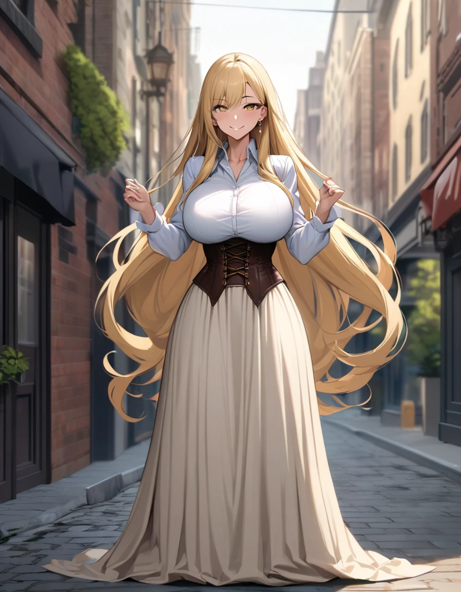 blonde hair color,long hair,The roots of the hair on both sides are raised,light brown eyes,corset, long skirt,earrings,huge breasts,Whipped thighs,slender,near,street background,SFW,perfect,high quality,faultless,smile