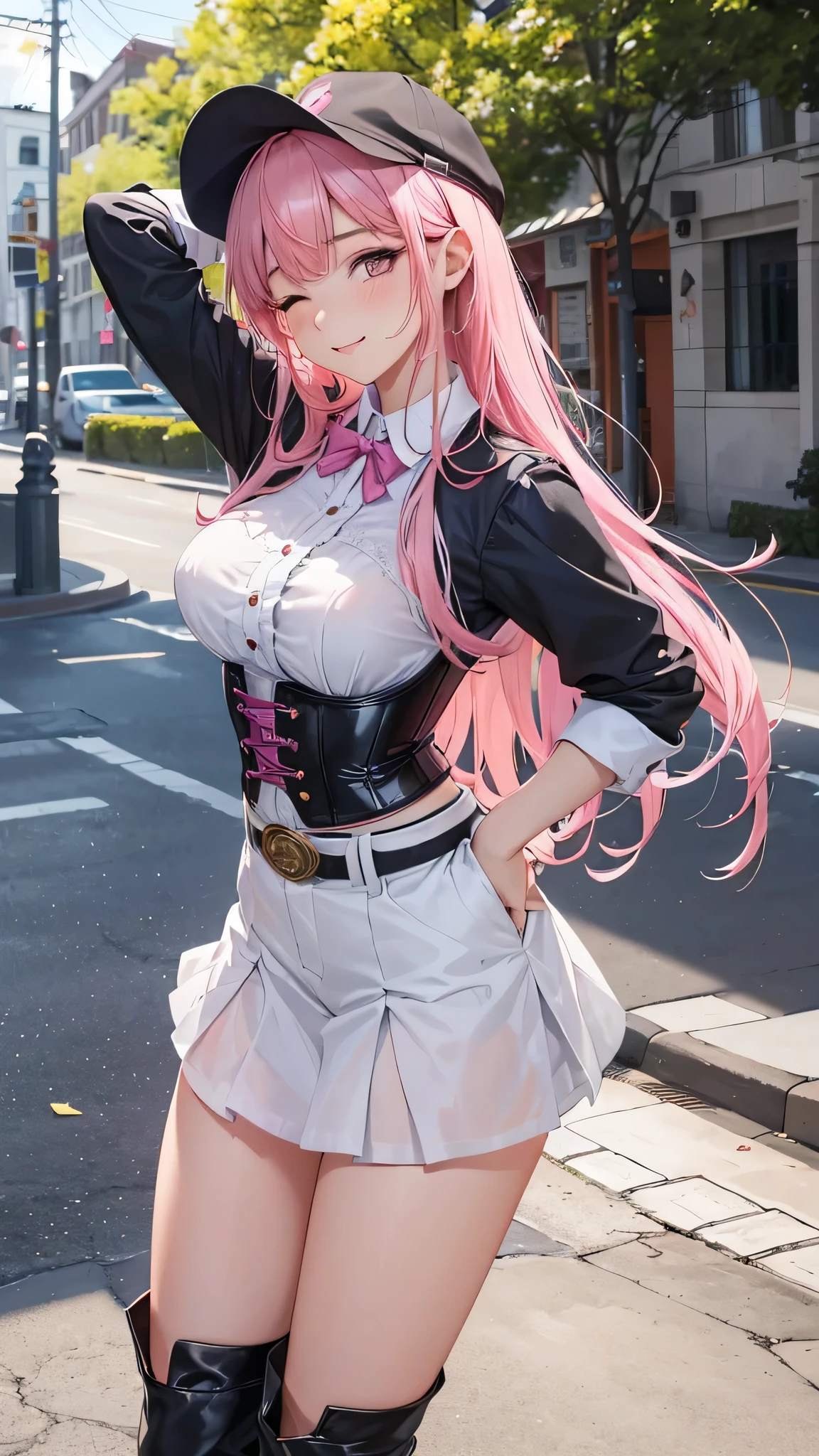Entire image with intricate professional level details: "(A young 16 year old girl with vibrant pink hair, open legs, dressed in a very thin low-cut and unbuttoned white shirt almost transparent as air, with a corset and several belts, very short pleated black miniskirt and thigh-high stockings, Brown boots. The woman has her eyes closed and an expression of gratitude and happiness on her face, very short and thin clothes, he likes to show his body, empowered girl, She likes to show her beautiful sexualized body because she is very beautiful, with pronounced feminine features, (Sometimes she likes to go out almost or completely naked on the street.), random angle.)"