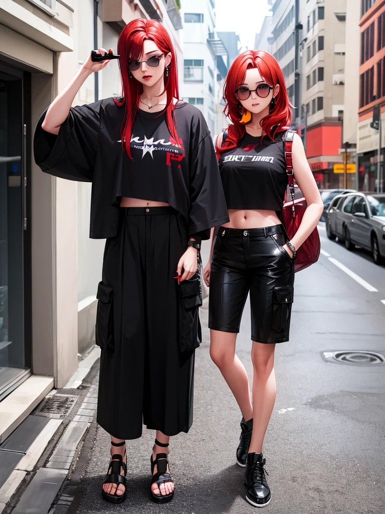 one with red hair, smoking a cigarette, com cropped preto, wide cargo pants, e piercing no septo