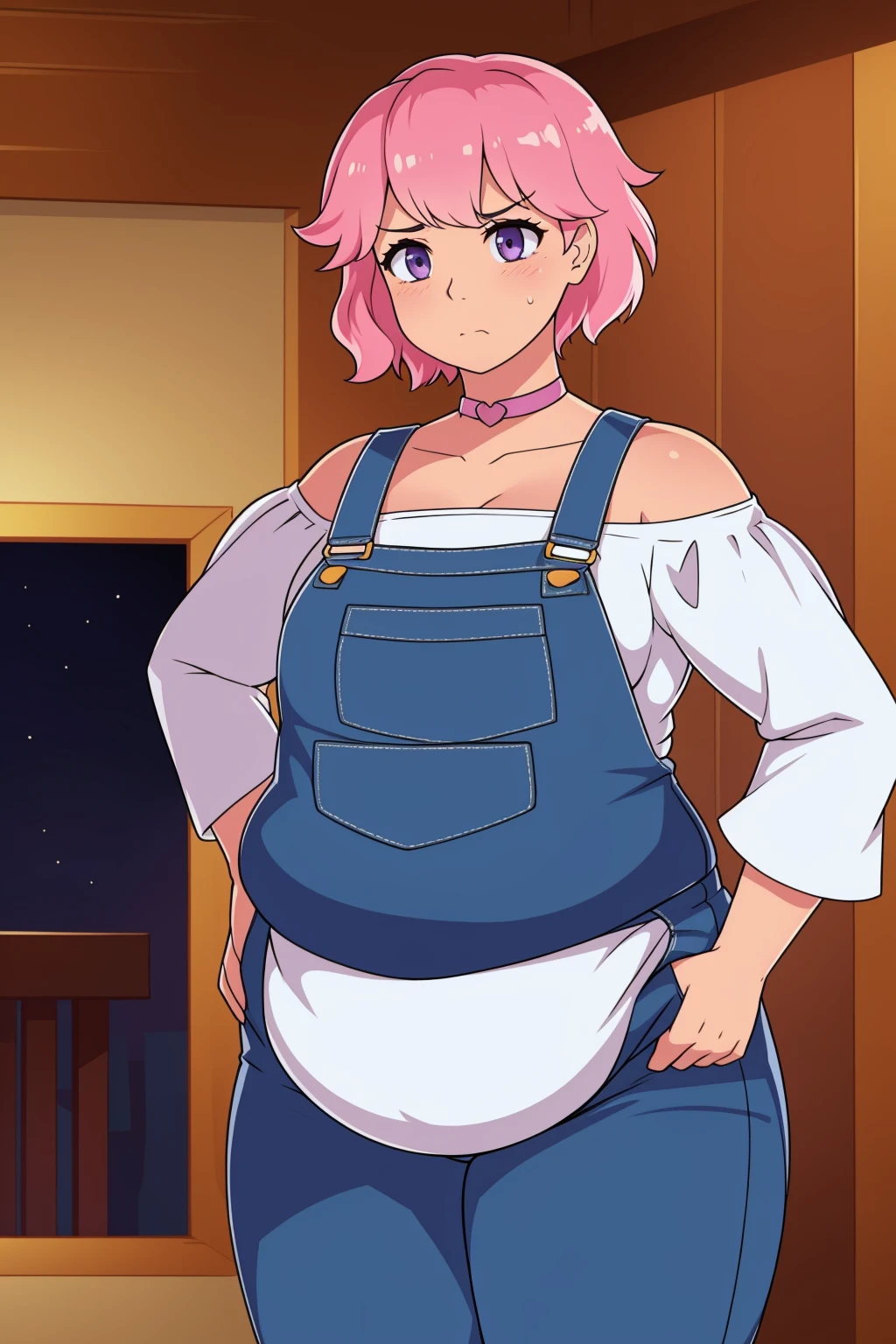 Holding belly, hands on belly, outgrown clothes, (Sad:1.1), (Sad pouty face:1.1)Pale skin, (Obese:1.1),fat, Slightly chubby, sad, farm backround, upper body, looking at viewer, 1girl, solo, short pink hair, (dark blue choker), (dark blue denim overalls), (purple eyes), (pink boots), (white shoulder lantern sleeve blouse, tucked in pants