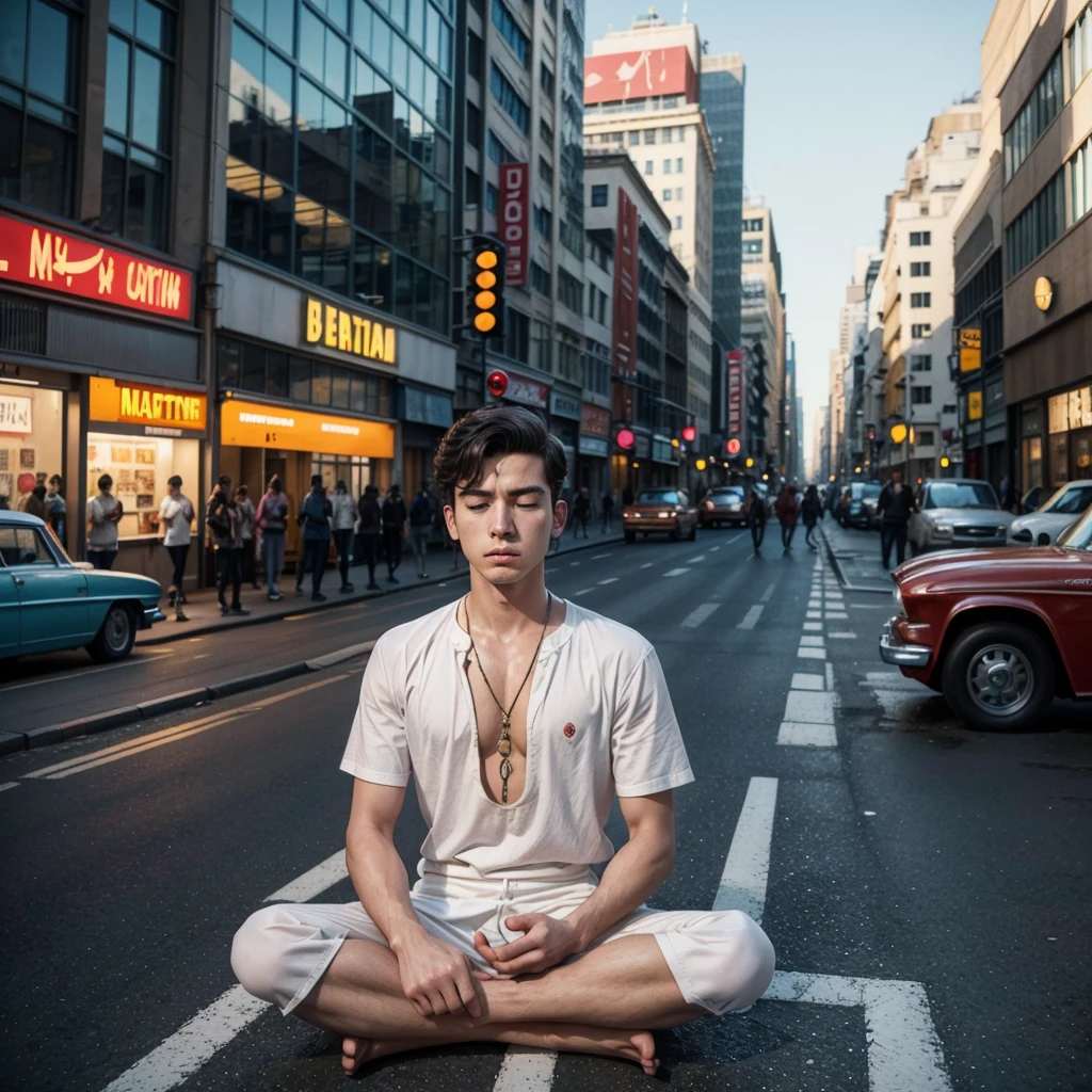 Pop art image, 1960s style, with a man meditating in the middle of the street, amidst the chaos of the city,1024x1024