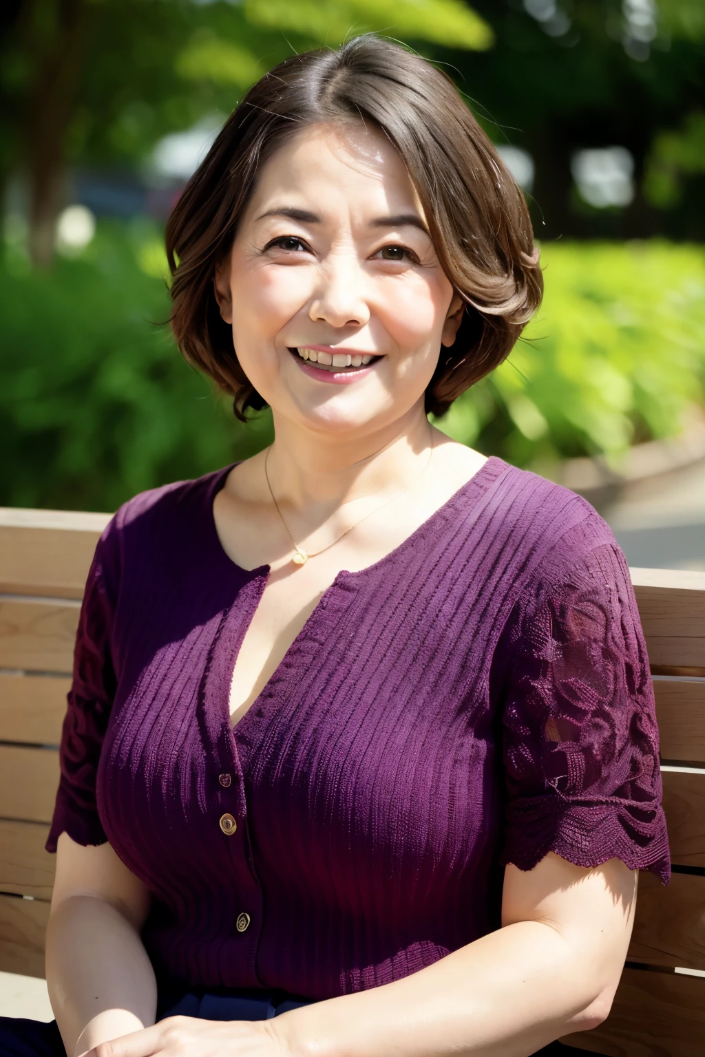 最high quality, In 8K, Masseter region, real, Sharp focus, high quality, High resolution, Detailed face, Fine grain, Thick lips, Background Blur, alone, Middle-aged women, , 65 years old, , Wavy Hair, Cleavage, Wearing a plain short-sleeved knit, Sitting on a park bench, Wrinkles around the eyes, Smiling with teeth showing