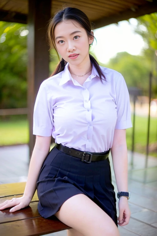 (masterpiece, best quality:1.2), 1girl, (ponytail hair styles),Beautiful girl wearing a , ((thai school uniform)), (posing sitting with legs dangling on the edge of a table, facing the camera, hands crossed behind her back), in a wooden house, morning,  There's little light.