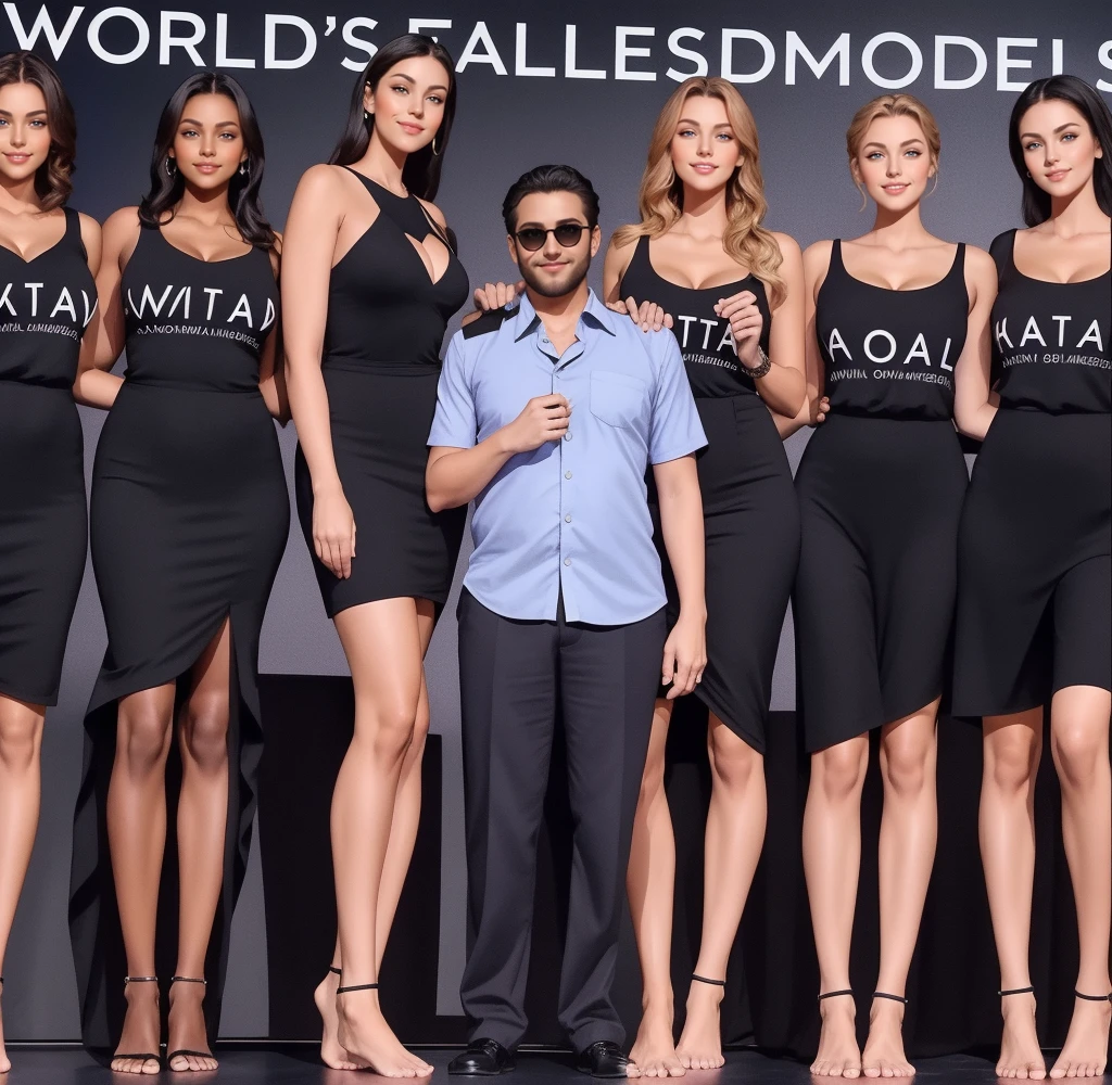 Three tall girls on the lfe left, three tall girls in the right, short man in the middle, the girls are much taller than the man, girls have big and cleavage, girls are wearing black, man is wearing blue shirt, girls are standing barefoot, man is wearing shoes,