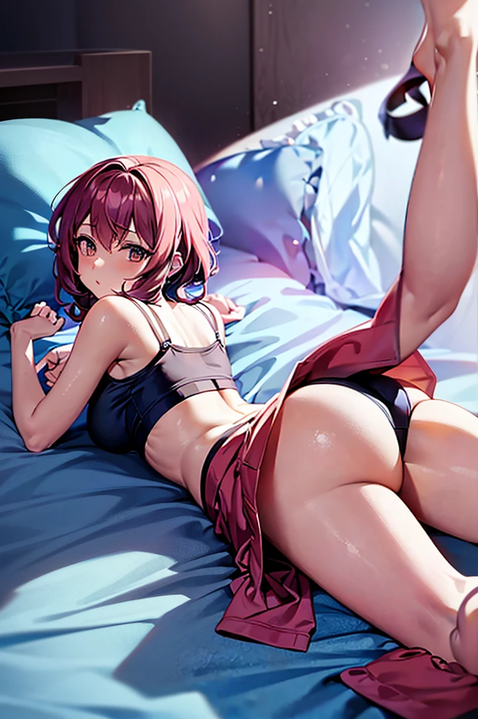 adorable anime lady in panties and a baggy shirt on a bed, downward dog yoga pose towards the camera