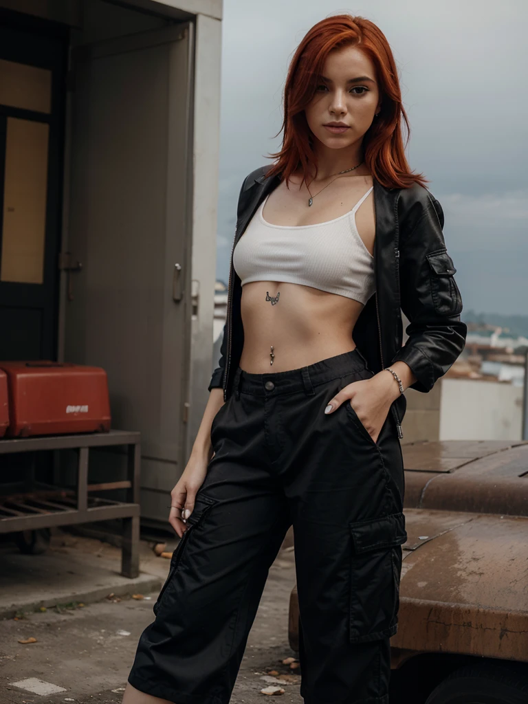 one with red hair, smoking a cigarette, com cropped preto, wide cargo pants, e piercing no septo