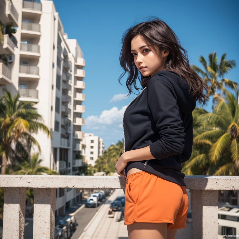 Woman with wavy hair like a mermaid, dark blonde hair, light colored perfect eyes, cleavage slightly visible, dark blue hoodie with zipper, orange shorts, textured fabric, resort, palm trees, clear sky, balcony of high-rise resort hotel, railing standing by, backlighting effect, depth of image, 8K, RAW photo, best image quality, masterpiece, wide light, realism, sunlight,
epic realistic, intricate details, hyper detailed, cinematic, rim light,