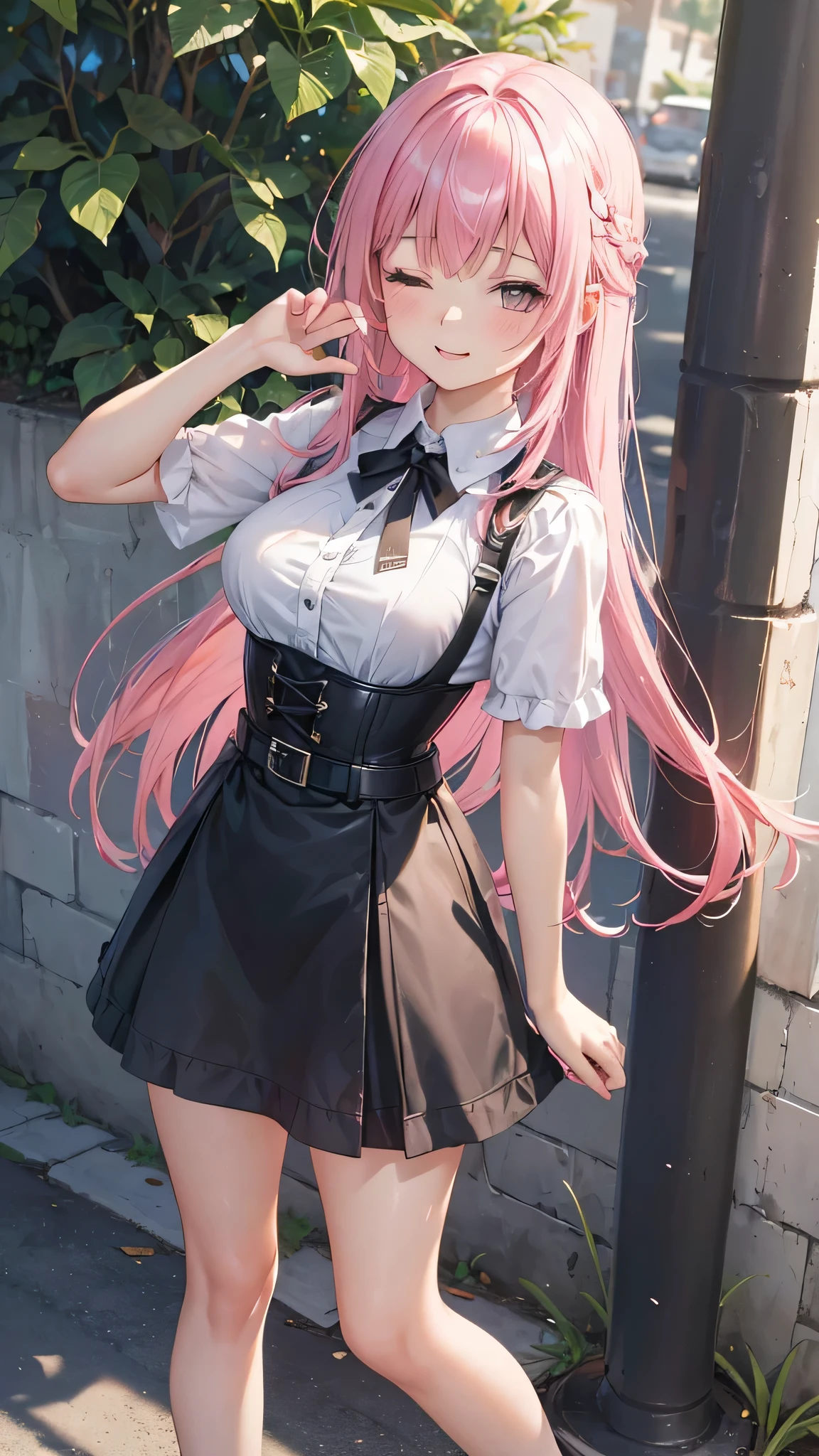 Entire image with intricate professional level details: "(A young 16 year old girl with vibrant pink hair, open legs, dressed in a very thin low-cut and unbuttoned white shirt almost transparent as air, with a corset and several belts, very short pleated black miniskirt and thigh-high stockings, Brown boots. the girl is a whore, shirt and open skirts, The woman has her eyes closed and an expression of gratitude and happiness on her face, very short and thin clothes, he likes to show his body, empowered girl, She likes to show her beautiful sexualized body because she is very beautiful, with pronounced feminine features, (Sometimes she likes to go out almost or completely naked on the street.), random angle.)"