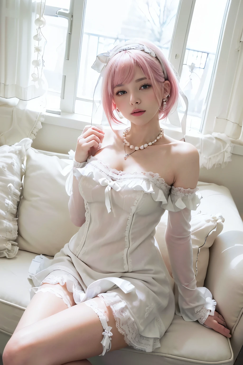 (8K, top-quality, masterpiece:1,2), (reallistic, Photorealsitic:1.37), Super Detail, One girl,), (Highly detailed), (beautifully detailed eyes), (of the highest quality), (super detailed ), (masterpiece), (Detailed face),20yr old, ,1 girl, full body, ((pink hair,Very short hair)), medium breasts, clothed, Perfect Lighting, pussy and breast focus, looking at viewer, aroused face, naughty face, (white fur coat with white ribbons and patches:1.3), (white knit dress with white lace and frills:1.4), (fluffy A-line silhouette:1.2), (white lace socks with white ribbons:1.3), (white flat shoes with white pearls and beads:1.3), (white pearl necklace and earrings:1.2), (white hairband:1.2), (white gloves:1.2)