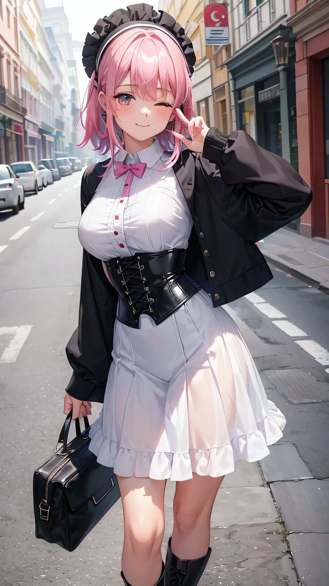 Entire image with intricate professional level details: "(A young 16 year old girl with vibrant pink hair, open legs, dressed in a very thin low-cut and unbuttoned white shirt almost transparent as air, with a corset and several belts, very short pleated black miniskirt and thigh-high stockings, Brown boots. the girl is a whore, shirt and open skirts, The woman has her eyes closed and an expression of gratitude and happiness on her face, very short and thin clothes, he likes to show his body, empowered girl, She likes to show her beautiful sexualized body because she is very beautiful, with pronounced feminine features, (Sometimes she likes to go out almost or completely naked on the street.), random angle.)"
