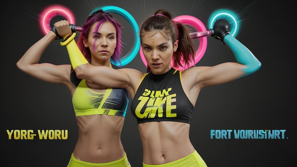 Create a vibrant and energetic poster for a YouTube workout playlist. The poster should feature a bold and dynamic design with a dark background and neon accents. Include abstract elements like sound waves, lightning bolts, or geometric shapes. Show diverse, fit individuals in motion, engaging in various exercises like running, lifting weights, or doing yoga. Use a mix of bright colors like red, blue, and yellow. Prominently display the text 'Ultimate Workout Playlist' in large, bold font. Ensure the design conveys energy, motivation, and fitness.
