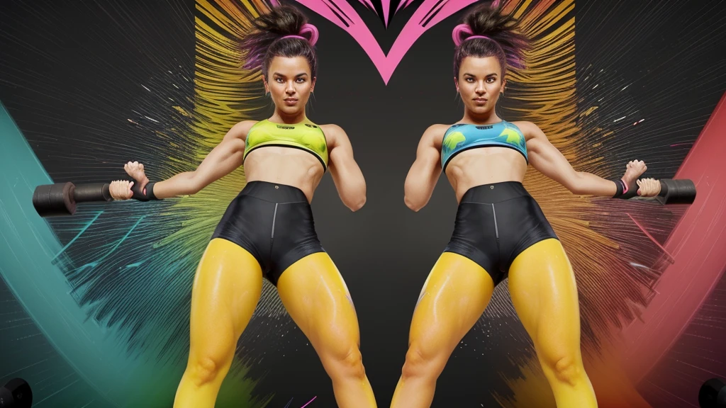 Create a vibrant and energetic poster for a YouTube workout playlist. The poster should feature a bold and dynamic design with a dark background and neon accents. Include abstract elements like sound waves, lightning bolts, or geometric shapes. Show diverse, fit individuals in motion, engaging in various exercises like running, lifting weights, or doing yoga. Use a mix of bright colors like red, blue, and yellow. Prominently display the text 'Ultimate Workout Playlist' in large, bold font. Ensure the design conveys energy, motivation, and fitness.