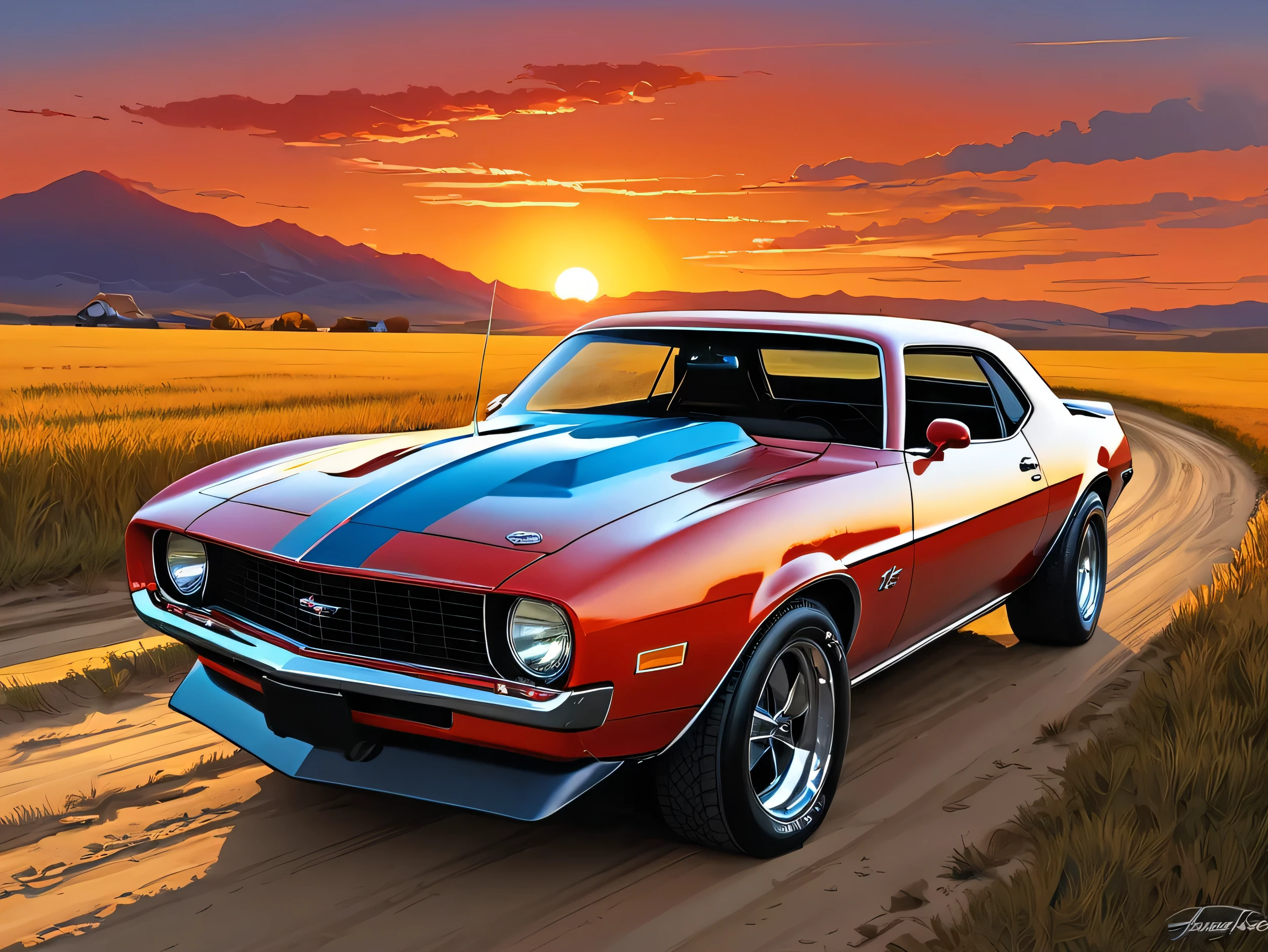 stylized digital art featuring a vintage red Ford T parked by a dusty dirt road through a field during sunset. The sky is a warm orange, Yellow and red, with the sun setting on the horizon. (Draw a car from behind),(The body color is shiny blue.),Blue Chevrolet Camaro.1973 model.The fields are covered with tall grass swaying in the wind.(Paved road)(The size of the car is half of the total)The grass is painted in shades of green and brown., There are some bright spots, This may have been an artistic choice to emphasize the intensity of the scene.. The overall art style is reminiscent of Comic art, Bold lines and a limited color palette enhance the dramatic effect of the scene... art:Dechko Uzunov, Highly detailed vector art, Red Dead Redemption art style, at sunset, Comic art, Digital Ford T, Then Martin, Evan Charlton, sunset!, Eddie Mendoza, sunset illustration sun, Featured art, Digital colorful illustration, (masterpiece), Highest quality