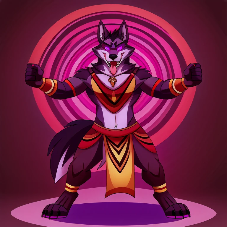 (masterpiece, best quality:1.2), Vortex hellhound, wolf, furry, helluva boss, hypnotized with glowing purple eyes, tongue out, tribal clothes, yellow_tabard, tribal clothes, dancing ridiculously