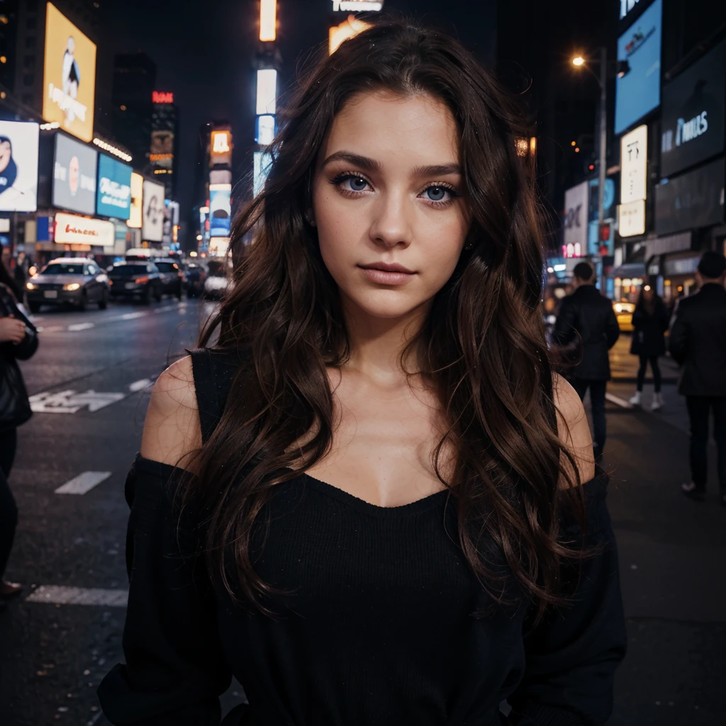 22 yo woman, long brown slightly curly hair, blue eye, visage parfait, professional makeup like model, ultra realistic, C et portant un haut noir, dans les rues de new york, times square, bright screens (colors) background