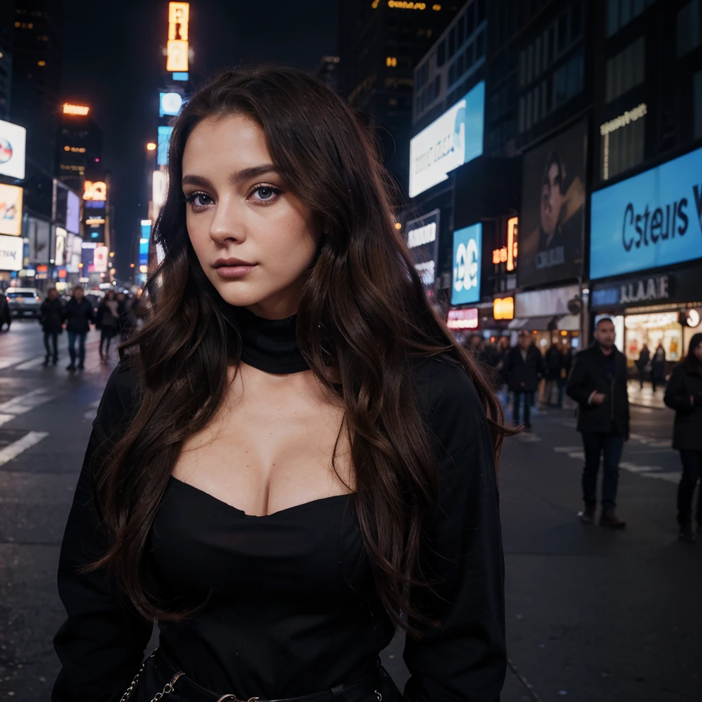 22 yo woman, long brown slightly curly hair, blue eye, visage parfait, professional makeup like model, ultra realistic, C et portant un haut noir, dans les rues de new york, times square, bright screens (colors) background