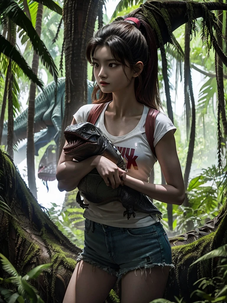 Chica linda como wang yiren, in jurassic park jurassic park with a little dinosaur.