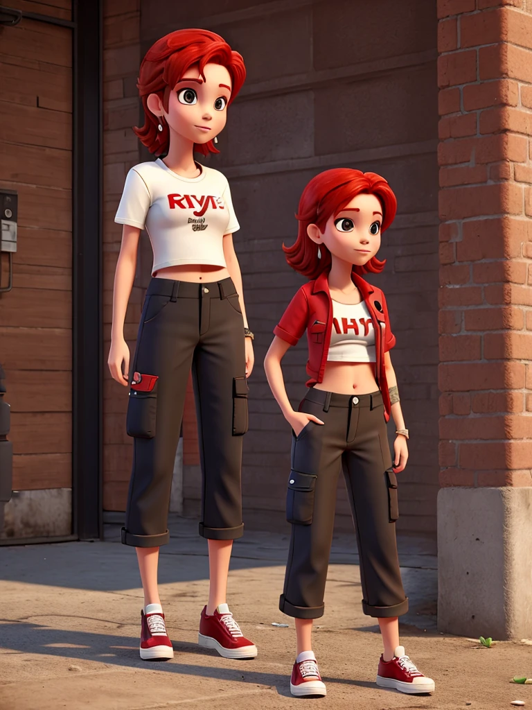 one with red hair, smoking a cigarette, com cropped preto, wide cargo pants, e piercing no septo