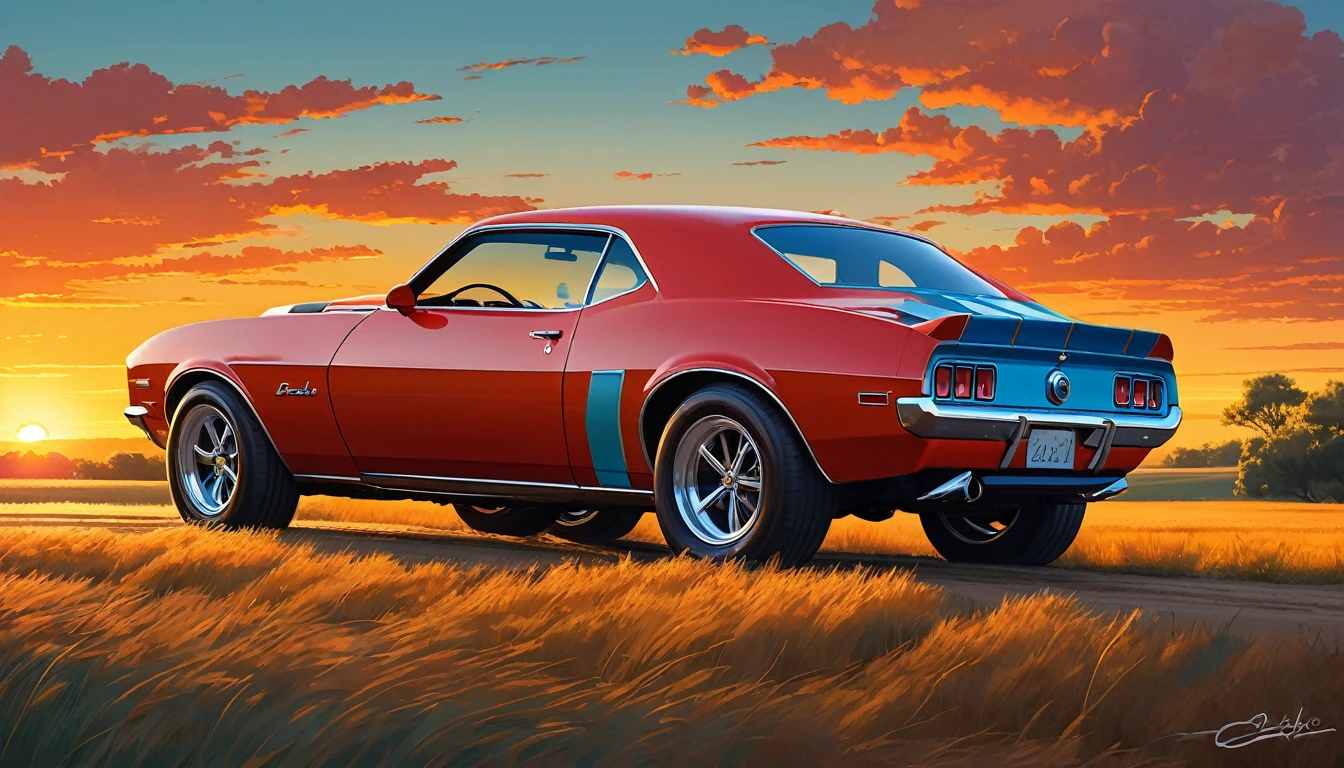 stylized digital art featuring a vintage red Ford T parked by a dusty dirt road through a field during sunset. The sky is a warm orange, Yellow and red, with the sun setting on the horizon. （Draw a car from behind）,（The body color is shiny blue.）,Blue Chevrolet Camaro.1973 model.The fields are covered with tall grass swaying in the wind.（Paved road）（The size of the car is half of the total）The grass is painted in shades of green and brown., There are some bright spots, This may have been an artistic choice to emphasize the intensity of the scene.. The overall art style is reminiscent of 漫画art, Bold lines and a limited color palette enhance the dramatic effect of the scene... art：Dechko Uzunov, 非常に詳細なベクターart, レッド・デッド・リデンプションのartスタイル, at sunset, 漫画art, Digital Ford T, Then Martin, Evan Charlton, sunset!, Eddie Mendoza, sunset illustration sun, 特集art, Digital colorful illustration, (masterpiece), Highest quality