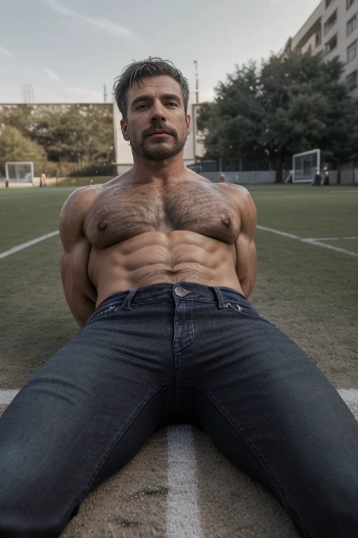 (((Muscular man))) masterpiece, best quality, high resolution, closeup portrait, male focus, solo focus, A man, 50 years old, grey hair, soccer player, football player, grey silver hair, messy hairstyle, cute and seductive face, bare chest, body hair, hair, roman nose, , hairy legs, cute, dimples, goatee and mustache, bold jawline , full body, sweaty, in the background an outdoor soccer football field, amazing composition, , HDR, ultra quality, elegant, highly detailed,, beautiful asd, realisric male genitalia (((Big muscles))) (((black jeans))) (((lay down)))