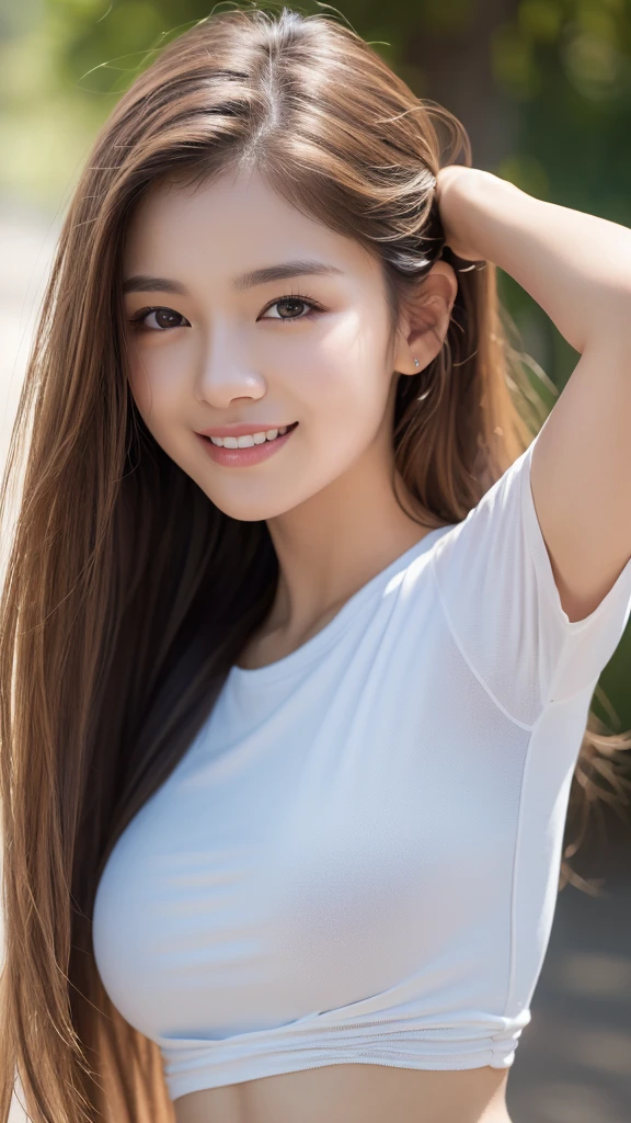 (8K、Raw photo、Highest quality、masterpiece:1.2)、(Realistic、Photorealistic:1.37)、Ultra-detailed、Ultra-high resolution、1 girl、Seeing the viewer、Beautifully detailed face、Laughter、narrow、(Slim waist) :1.3)、shirt、Beautifully detailed skin、Skin Texture、Floating Hair、Professional Lighting、Human whole body、Long Hair、Blonde、Women&#39;s marathon uniform、playground