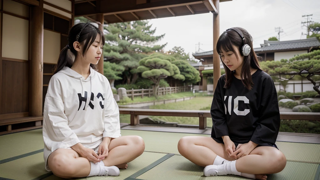 a Japanese couple sitting in a meditation position, in a typical location in Japan, wearing typical Japanese clothes, facing each other, with white headphones with the letters"MC" in black printed on the earphones.
