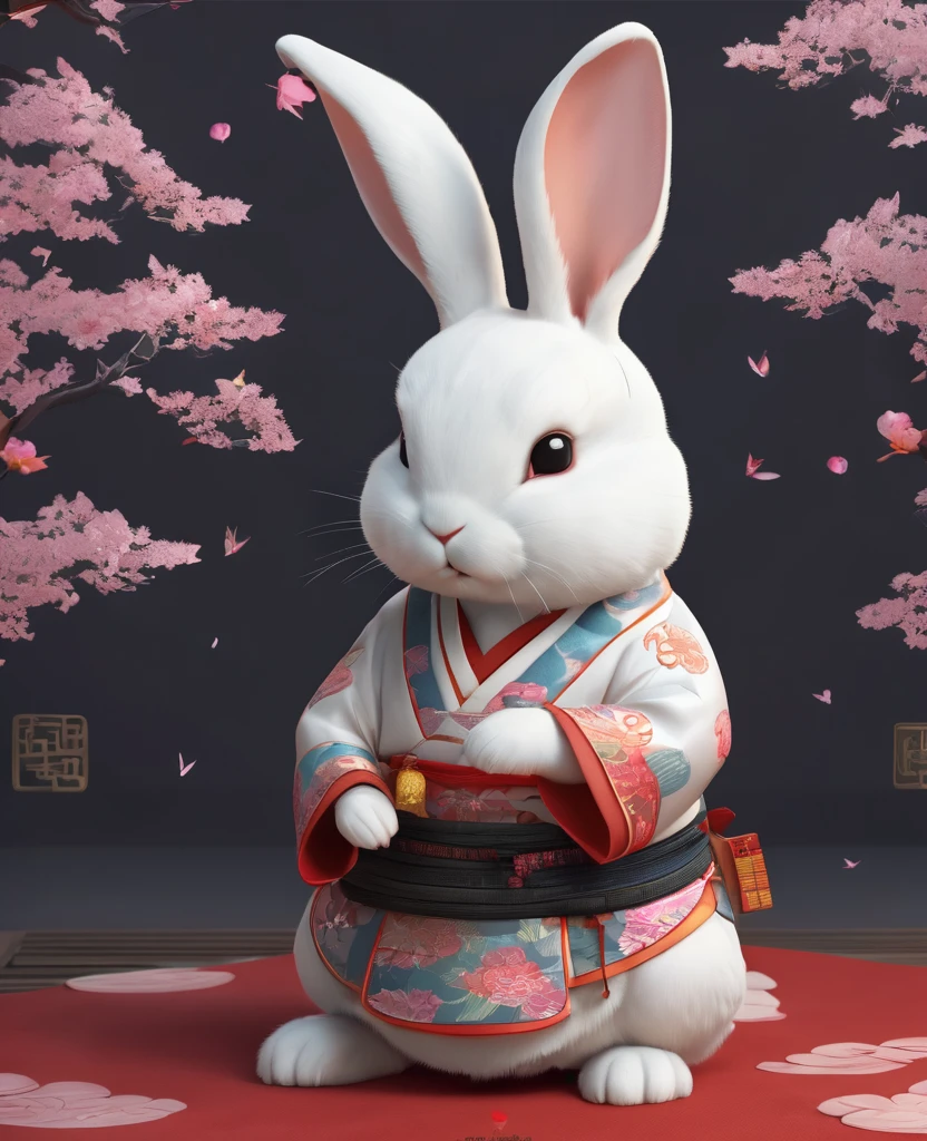 Cute white rabbit３D Image、wear Kimono、Think of something fun、Bring happiness、The background is a shrine、Standing, gazing gently at the viewer, The background is sparkling、Chinese elements、 Very detailed、