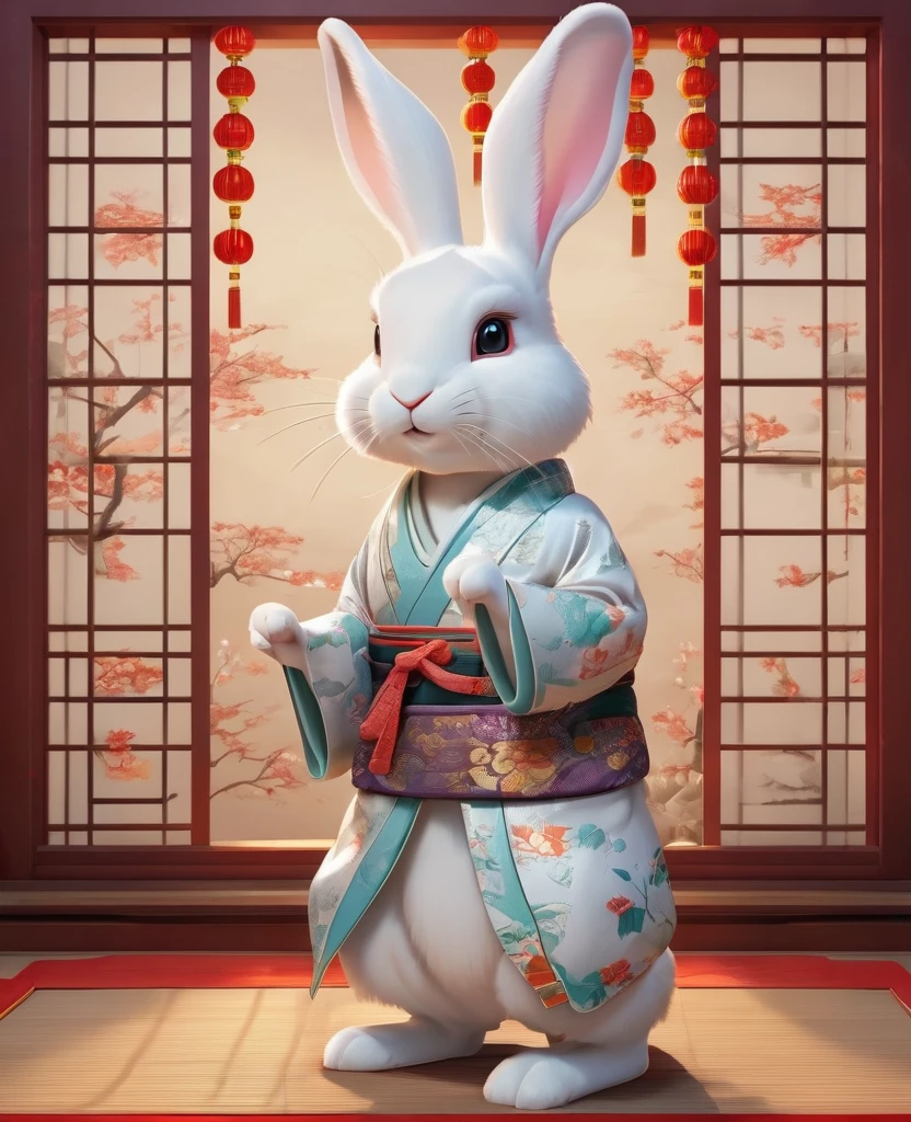 Cute white rabbit３D Image、wear Kimono、Think of something fun、Bring happiness、The background is a shrine、Standing, gazing gently at the viewer, The background is sparkling、Chinese elements、 Very detailed、