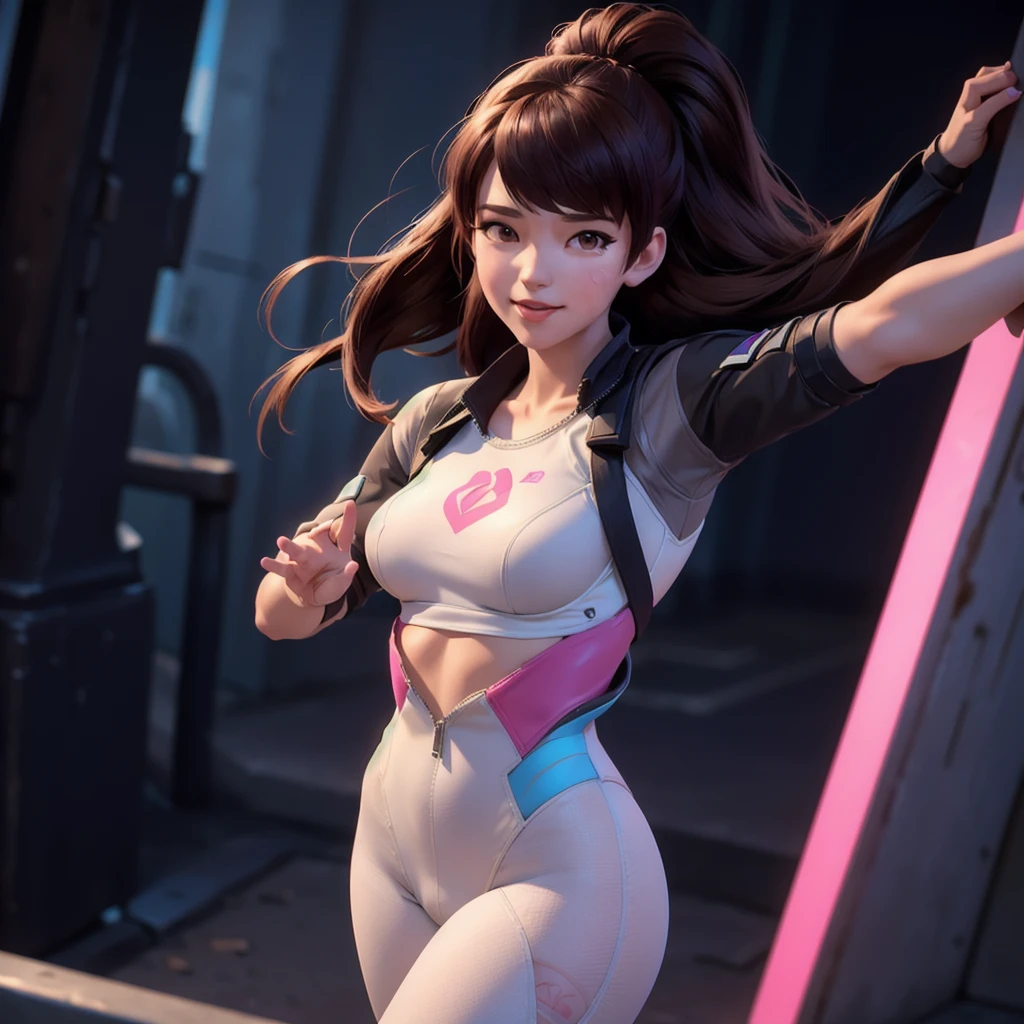 DVA from Overwatch without her mech, a woman with short brown hair in a ponytail,she stands in Busan Korea, high quality refelctions, volumetric lighting, she is wearing her classic thin tight figure hugging stretchy pink white and blue full bodysuit, soft simple plain sport bodysuit, the bodysuits is like a yoga outfit, she stands on the street, (1 girl solo), cinematic lighting, high resolution, physically-based rendering, 8k, volumetric lighting, hyperrealistic, detailed facial features, masterpiece, full upper body, city in background, cinematic,she has very small breasts, flat  breasts  , the focus is on her whole body and the environment, cinematic screenshot, you can see the whole environment and her standing on the street, the picture has a very soft look at soft textures, cute smile, her arms are on her side, DVA is posing and does a peace symbol with her fingers, woman body, no bra, 1 person, 1 head, Overwatch cinematic graphic style