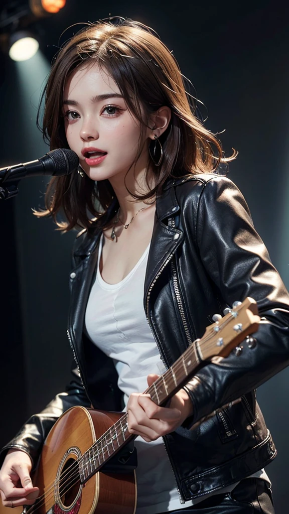 (Masterpiece:1.3, Best quality, Photorealistic, Ultra-detailed, finely detailed, high resolution, 8K wallpaper), 1 beautiful girl, Lead singer of the band group, In a leather jacket, Sing with an electric guitar, standing microphones, Mouth open, Beautiful face, Detailed face, Beautiful eyes, Detailed eyes, Smiling, Earrings, necklace, Detailed guitar, (Straight guitar neck and strings), Medium length light brown hair, be on stage, spotlight, Look at the viewer